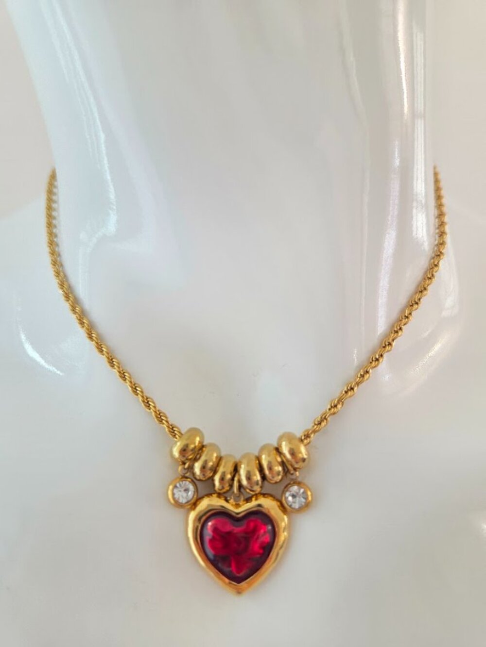 Vintage Gold Red Heart Pendant Necklace Coquette Aesthetic